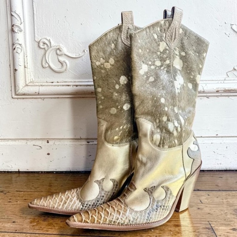 Vintage Para Raio Gold Leather Brazilian Cowgirl Boots Sz 9 Pointed Toe Western